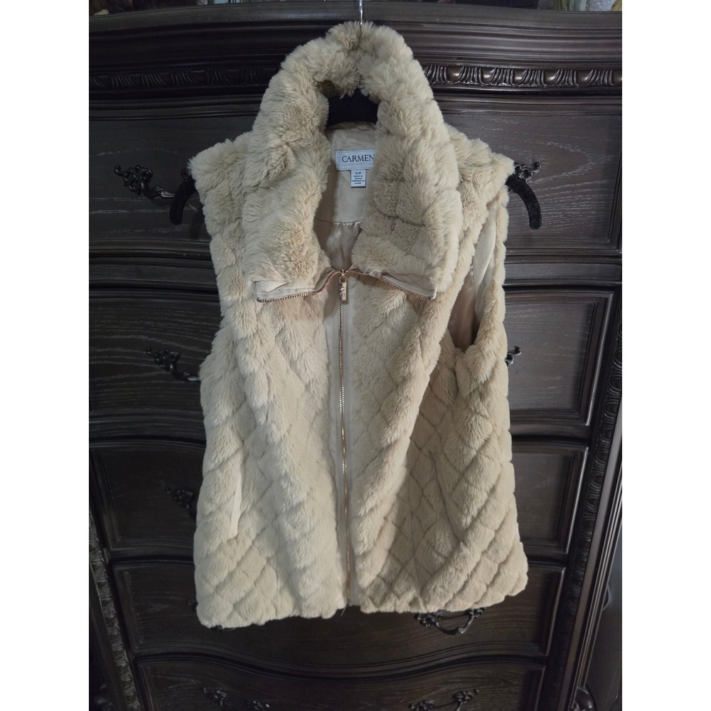 Carmen Marc Valvo Faux Fur Vest Tan Beige Quilted Zip Up Small
